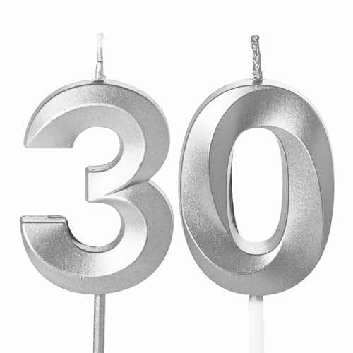 30th Birthday Candles - Number 30 Silver Candles for Cake Toppers