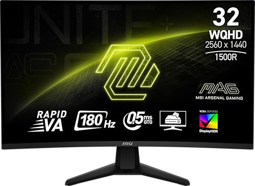 msi MAG 32CQ6F 31.5-inch 2560 x 1440 (QHD) Computer Monitor, 180Hz, AMD FreeSync, HDMI, Display Port, VGA Port, VESA, Tilt, Height Adjustable, Speaker, 0.5ms, Black