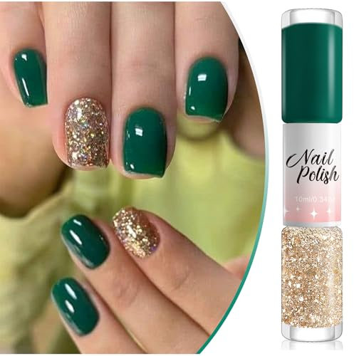 Double-Head Glitter Nail Polish - Dark Green & Fine Flash Gold, Quick Drying, Long Lasting for DIY Nail Art at Home (10ML)