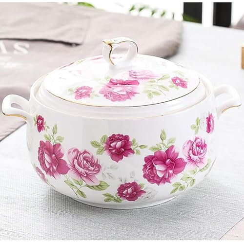 XINGJIAJI Ceramic Soup Tureen with Lid Large Capacity Round Soup Crock, Cooking Pot Stockpot for Serving Salad Pasta Noodles Stew, Microwave and Dishwasher Safe, White Porcelain(B,2000ml)