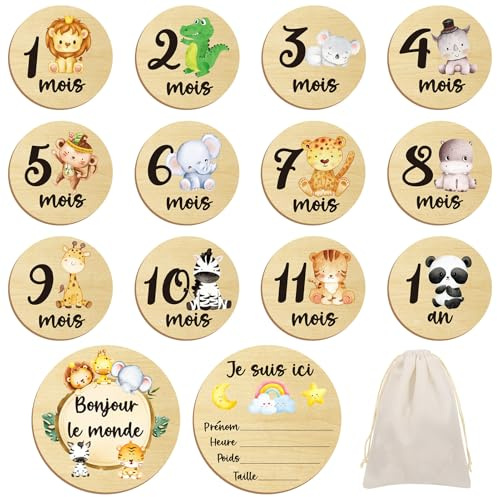 Halinuia Französische Karte für Babys, Geschenk zur Geburt, 26 Momente von der Geburt bis 1 Jahr auf 13 Holzscheiben mit beidseitiger Gravur, Geschenk für werdende Eltern, Geschenk für werdende
