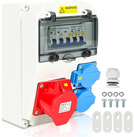 Peviasot Wall Distributor with Circuit Breaker Power Distributor 2 x Schuko Socket and CEE Socket 16 A, 5-Pin Wall Distributor, for Construction Site Indoor and Outdoor Use