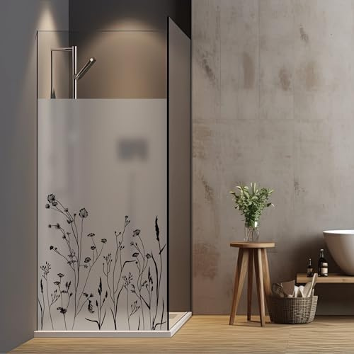 Wandtattoo Loft Sichtschutzfolie Duschkabine mit Blumenwiese Motiv, Wunschmaß in schwarz oder weiß, Klebefolie für Duschglastüren, Duschwand Folie Wasserfest, Klebefolie für Duschkabine
