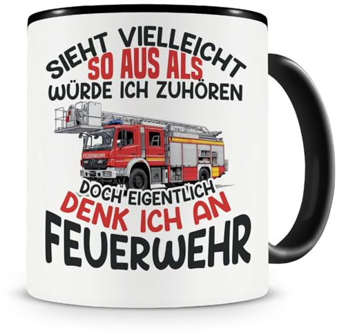 Samunshi® Feuerwehrmann Tasse mit Spruch Sieht vielleicht so aus Feuerwehr Geschenk für Brandmeister und Feuerwehr Fans Kaffeetasse Feuerwehrauto Tassen zum Geburtstag 300ml schwarz