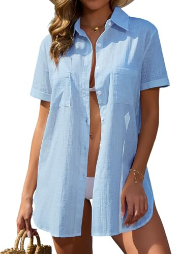 Vancavoo Beach Cover Up Cotton Beach Shirt Women Swimsuit Cover ups Dress Button Down Short Sleeves Beachwear Loose Cardigan Blouse Tops,Blue,S