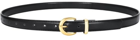 Waist Wow Skinny Gürtel für Damen aus Kunstleder | Mode Schmaler Ledergürtel mit Gold Schnalle für Jeans, Hosen & Kleider, Schwarz, L
