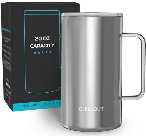 CHILLOUT LIFE Stainless Steel 20 oz Vacuum Insulated Coffee Mug with Handle and Lid, Large Thermal Camping Coffee Mug Cup with Durable Sliding Lid for Men & Women, Keeps your Beverages Hot/Cold