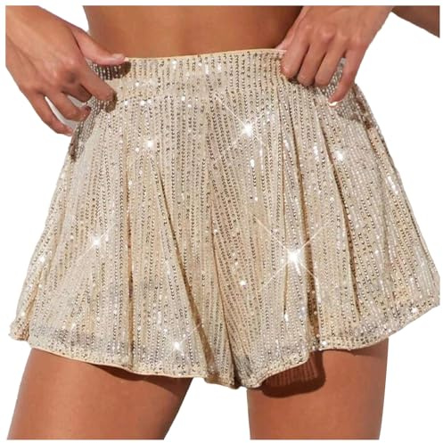 Hotpants Damen Shorts mit Pailletten Hohe Taille Glitzer Shorts Kurz Pailletten Hose Festival Outfits Sexy Glänzend Paillettenhose Kurze Hot Pants Silber Gold Freizeitshorts Sparkle Party Rave Outfit