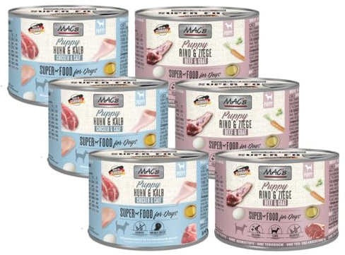 MAC’s Dog Puppy Mixpaket 6 x 200g | 3 x Rind & Ziege & 3 x Huhn & Kalb | Getreidefreies Welpenfutter mit 90-99% Fleischanteil | Ohne künstliche Zusätze | Für gesundes Wachstum