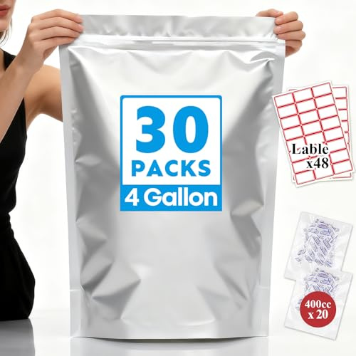 Cloudslucky Mylar Bags 3Gallon 30PCS 14X20 for Food Storage with Oxygen Absorbers&Labels,10Mil Thick Resealable Zipper&Heat Sealable Stand Up Bags for Long Term Food Storage,Dried Food,BPA Free