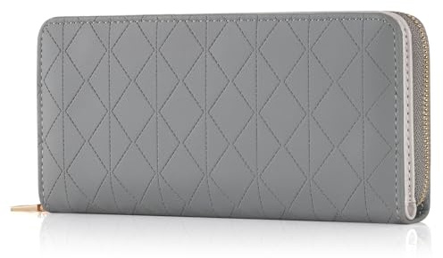 RRANCharltu Geldbörse Damen Leder Portemonnaie Damen groß Geldbeutel im Langformat Gross Portmonee mit Reißverschluss und Druckknopf mit vielen Fächern und Kartenhalter, Grau