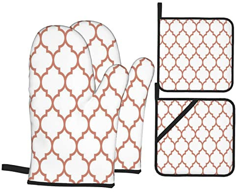 Ofenhandschuhe Topflappen 4Er Set Klassische Moderne Vintage Chic Marokkanische Quatrefoil Koralle Und Weiß Kochhandschuhe Weiches Topflappen Pad, Für Küche, Cafe, Backen