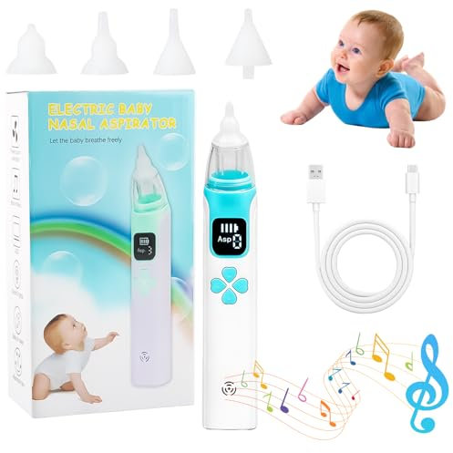 Nasensauger Baby Elektrisch, ZoneYan Nasensekretsauger Baby, Nasensauger Baby Elektrisch Mit 3 SaugstäRken, USB-Aufladbar Mit Sanftes Licht und Musik, Mit 4 weiche Ersatzspitzen,LED-Anzeige(Blau)