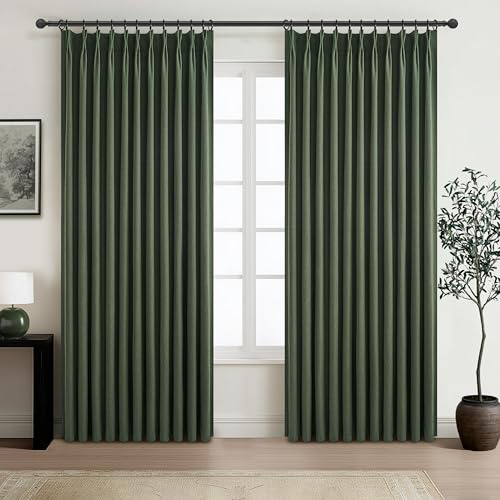 Pinch Pleated Blackout Curtains 70 Inches Extra Wide for Living Room, Sliding Glass Door Linen Blend Olive Green Viral Large Window Thick Heavy Duty Thermal Soundproof Drapes(70Wx96Lx2Panels Loden)