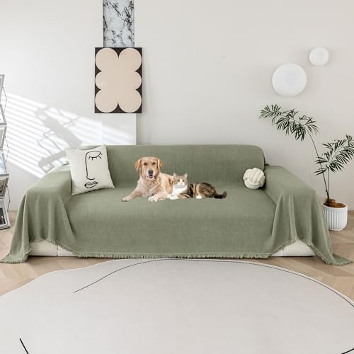 LiveGo Chenille Sofa Cover for 3 Seater, Soft Non-Slip Slipcover with Tassel, All-Season Washable Couch Protector for Dogs, Decorative Futon & L Shaped Sofa Cover (BH Green, 180×260 cm)
