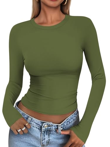 Cuptacc Camiseta Manga Larga Mujer Basica Elegantes Cuello Redondo T Shirt Mujer Stretchy Comodidad Túnica Ligero Slim Fit Top Verde Militar XXL