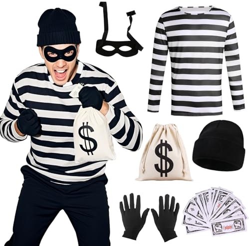 Xerteam Disfraz de ladrón para adultos, conjunto de disfraz de ladrón para adultos, trajes de ladrón con rayas blancas y negras, máscara de ojos, guantes, bolsa de lona, sombrero para el Día Mundial