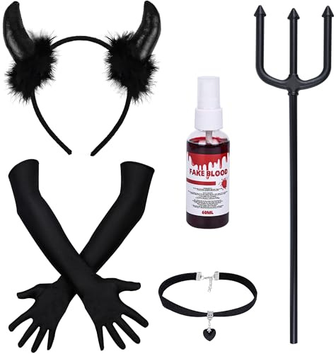 PAPU Costume Diable Femme, Ensemble 5 Pièces Gants Diables, Trident, Spray Faux Sang, Collier Gothique, Accessoires Diables pour Femme et Fille, Serre-Tête,Deguisement Halloween Diable et Carnaval