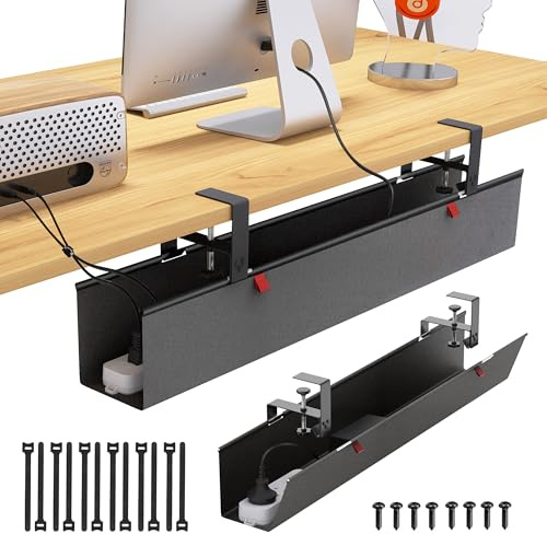 Cotohim Under Desk Cable Management Tray - Under Desk Cord Management - Clamp/Screw Mount - Fabric Wire Management - Cable Raceways Tray Cord Hiders for Office/Home (Black, 35.8×5.6)