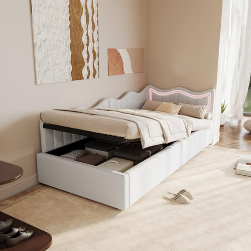 Polsterbett 90x200 mit LED-Beleuchtung, Kinderbett 90x200 mit Hydraulischer Stauraum, Schlafsofa Einzelbett Bettgestell mit Lattenrost, Jugendbett Daybett Gästebett, Samt,Ohne Matratze
