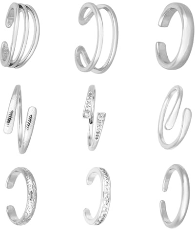 9pcs Bagues d'Orteil Femme, Réglables et Ouvertes en Zircone Cubique Bijoux Délicats pour la Plage et l'Été Accessoires de Décoration Tendance pour les Pieds des Femmes (Argent)