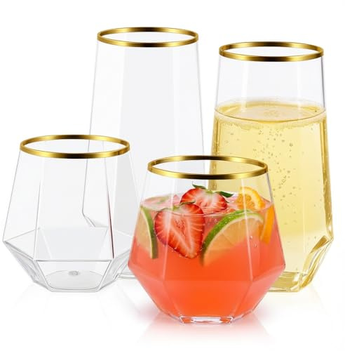 48 Pack Plastic Glasses – 24 x 9oz Stemless Champagne Flutes & 24 x 12oz Stemless Wine Glasses – Elegant Disposable Shatterproof Cup – BPA-Free Drinkware for Weddings, Parties (Gold Rim Diamond)
