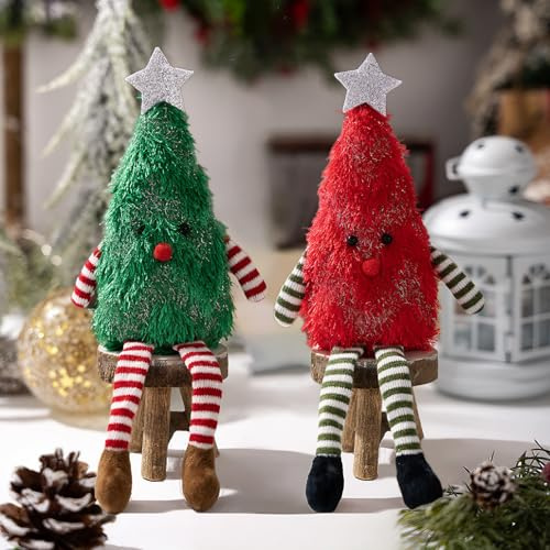 Weihnachtsdeko Figuren in Weihnachtsbaum Form, 2 Stück Weihnachtsbaum Plüsch Puppe mit Langen Beinen, Süße Weihnachtsfiguren, Weihnachtsbaum Kuscheltier für Weihnachtsdeko Innen, Tischdeko (A)