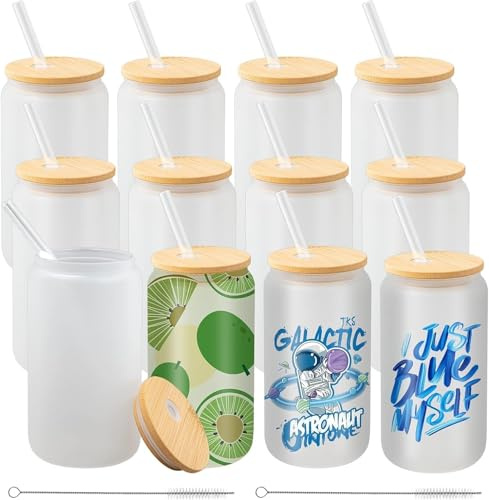12er Sublimationsgläser 470 ml, Frosted Biergläser mit Deckel, Strohhalm | 470 ml Trinkgläser mit Bambusdeckel und Glasstrohhalm für Eiskaffee, Saft, Limonade und kreative DIY-Geschenke