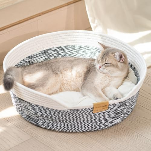 CheerPals Katzenbett mit Kissen, 47cm Waschbar Katzenkorb aus Baumwollseilen geflochten, zum Schlafen für Alle Katze, All Season Universal