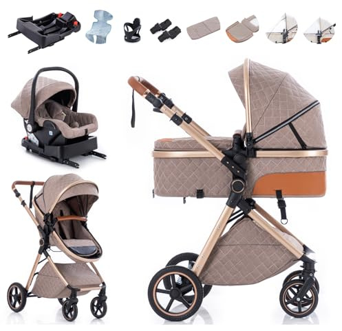 Zkiprm Carrito bebe 3 en 1- Carros Para y base Isofix de Coche（Caqui）