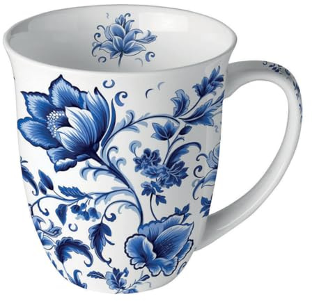 Ambiente Tasse 10cm Porzellan mit blauem Blumen Ornament - 0,4L Keramiktasse Porzellangeschirr - Kaffeetasse Teetasse Kakaotasse - Frühlinggeschirr Tassen & Becher - Porzellantasse weiß