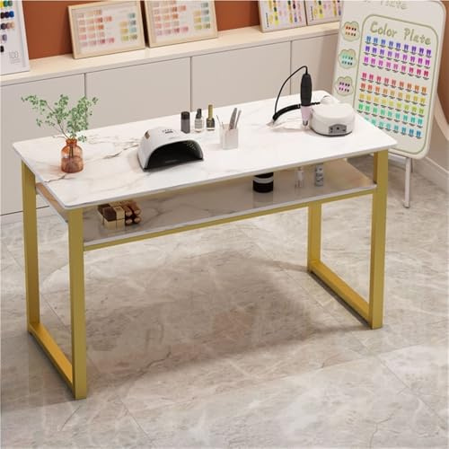 Escritorio para uñas, mesa de manicura con acabado de mármol con marco dorado, estación de trabajo portátil para salón de belleza, spa, hogar y oficina