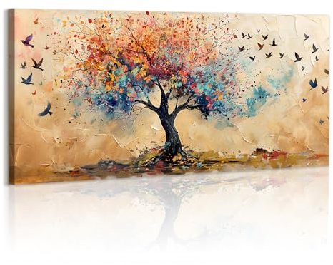WENGTIAO Stampa su Tela Colorato Albero Della Vita Incorniciato Grande | Quadro su Tela Pittura Vintage Astratto Albero e Uccelli in Volo per Soggiorno Camera da Letto Decorazione Parete 120x50 cm