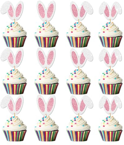 Adornos para cupcakes, diseño de orejas de conejo, color rosa y blanco, 12 unidades, decoración de fiesta de Pascua