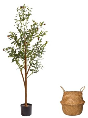 AzureLeap 4Ft Artificial Olive Tree with Moss & Basket - Indoor Tall Faux Olive Tree in Planter, Large Fake Olive Silk Tree with Realistic Branches and Fruits for Home Decor, Office, Living Room