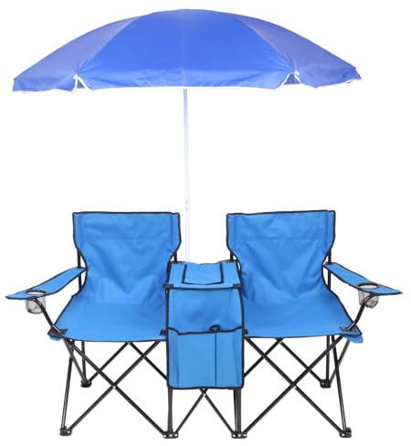 Portable Double Folding Camping Chair with Removable Umbrella, Built-In Cooler and Cup Holders, Blue, 2-Seat Outdoor Set