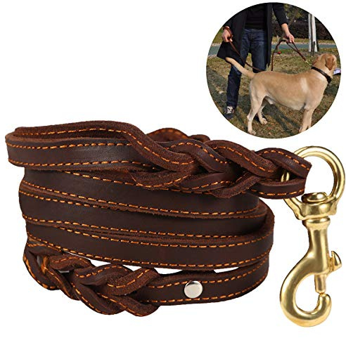 JYHY Hundkoppel i läder med dubbelt handtag – 1,8 m långt och 5/8 tum brett flätat hundkoppel i äkta läder för stora, medelstora och små hundar träning och promenader