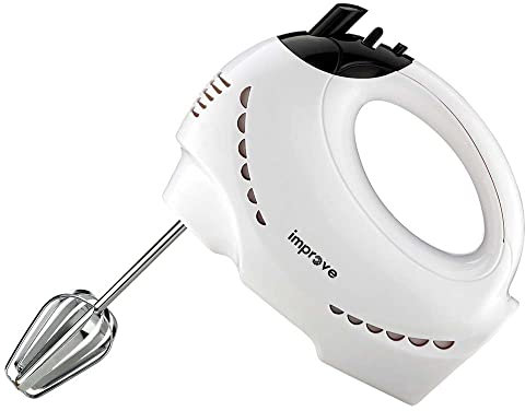 Improve IMPSBE008GHM Sbattitore elettrico 150W, 5 velocità + funzione Turbo, fruste per montare, ganci per impastare - Colore bianco/nero