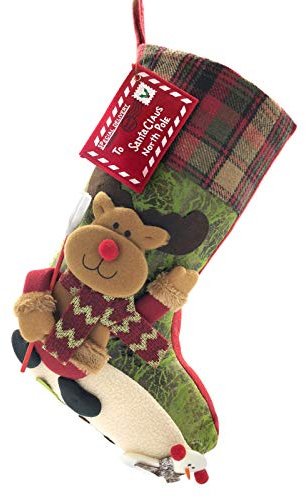 ETERAMUS 21 inch Plaid Christmas Stockings Deer, Bear, Animal One Piece, Felt Large Plush 3D Reindeer Snowman Design Hanging Stocking for Girls Boys Xmas Tree Mantel Party Decor (Green)