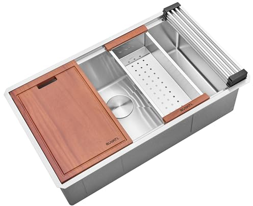 Ruvati 32-inch Round Corner Undermount 16 Gauge Stainless Steel Workstation Kitchen Sink Single Bowl – Soundproof Multifunction Chef Sink with Cutting Board & Accessories – RVH8301