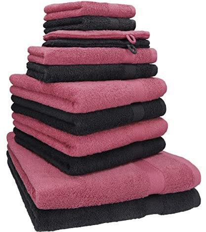 Betz Premium Handtuch-Set 12-teilig – 100% Baumwolle – Oeko-TEX® Zertifiziert – hohe Grammatur – Duschtücher, Handtücher, Gästetücher & Waschhandschuhe Farbe Graphit/Beere