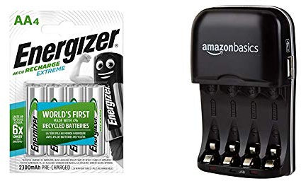 Energizer Accu Recharge Extreme Rechargeable AA Batteries, 4 each & Amazon Basics 4 Slot Ni-MH AA & AAA Battery Charger with Indicator LEDs, with USB Port