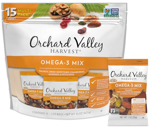 Orchard Valley Harvest Omega-3 Mix, 1 Ounce Bags (Pack of 15), Walnuts, Cranberries, Almonds, and Pistachios, Gluten Free, Non-GMO, No Artificial Ingredients, Healthy Snacks for Adults