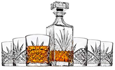Godinger Whiskey Decanter and 6 Whiskey Glasses Bar set, for Liquor Scotch Bourbon Wine - Dublin Crystal Collection