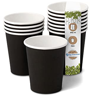 BIOZOYG 250 Stück Kaffeebecher Pappbecher 200ml / 8 oz Ø 80 mm schwarz - Einwegbecher plastikfrei - Becher aus nachhaltiger Forstwirtschaft - Kaffeebecher Einweg
