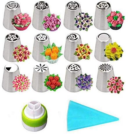 BLUGUL Ryskt spritstyllset, 12 munstycken i rostfritt stål + 1 spritspåse + 1 kopplare, för kakor, kakor, cupcakes dekoration