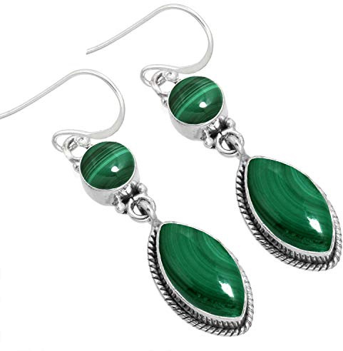 Boucles d'oreilles pendantes Jeweloporium en argent sterling 925 et malachite verte, bijoux bohèmes en pierre précieuse marquise naturelle pour femme