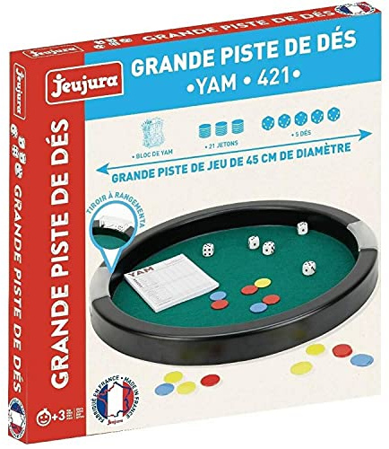JEUJURA - Grande Piste de Dés Yam 421 - Plateau Rond Bois Ø45 cm - 5 Dés, 21 Jetons, 1 Bloc - Jeu de Société Convivial - Fabriqué en France - À partir de 3 Ans - 8160