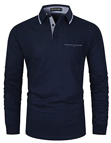 GHYUGR Mens Long Sleeve Polos with Classic Plaid Splice Golf Polo Shirts