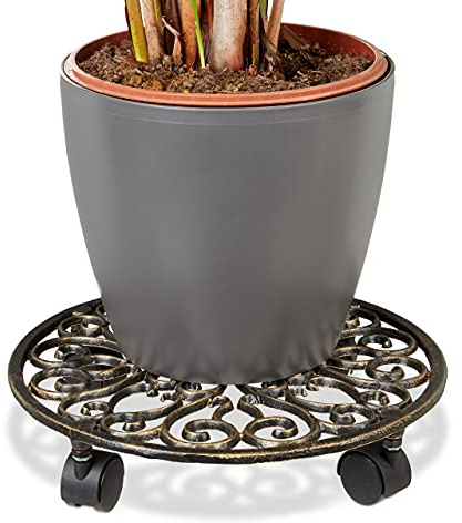 Relaxdays Pflanzenroller Gusseisen, Blumentopfuntersetzer aus Metall, Blumenroller im antiken Design, wetterfest, Bronze